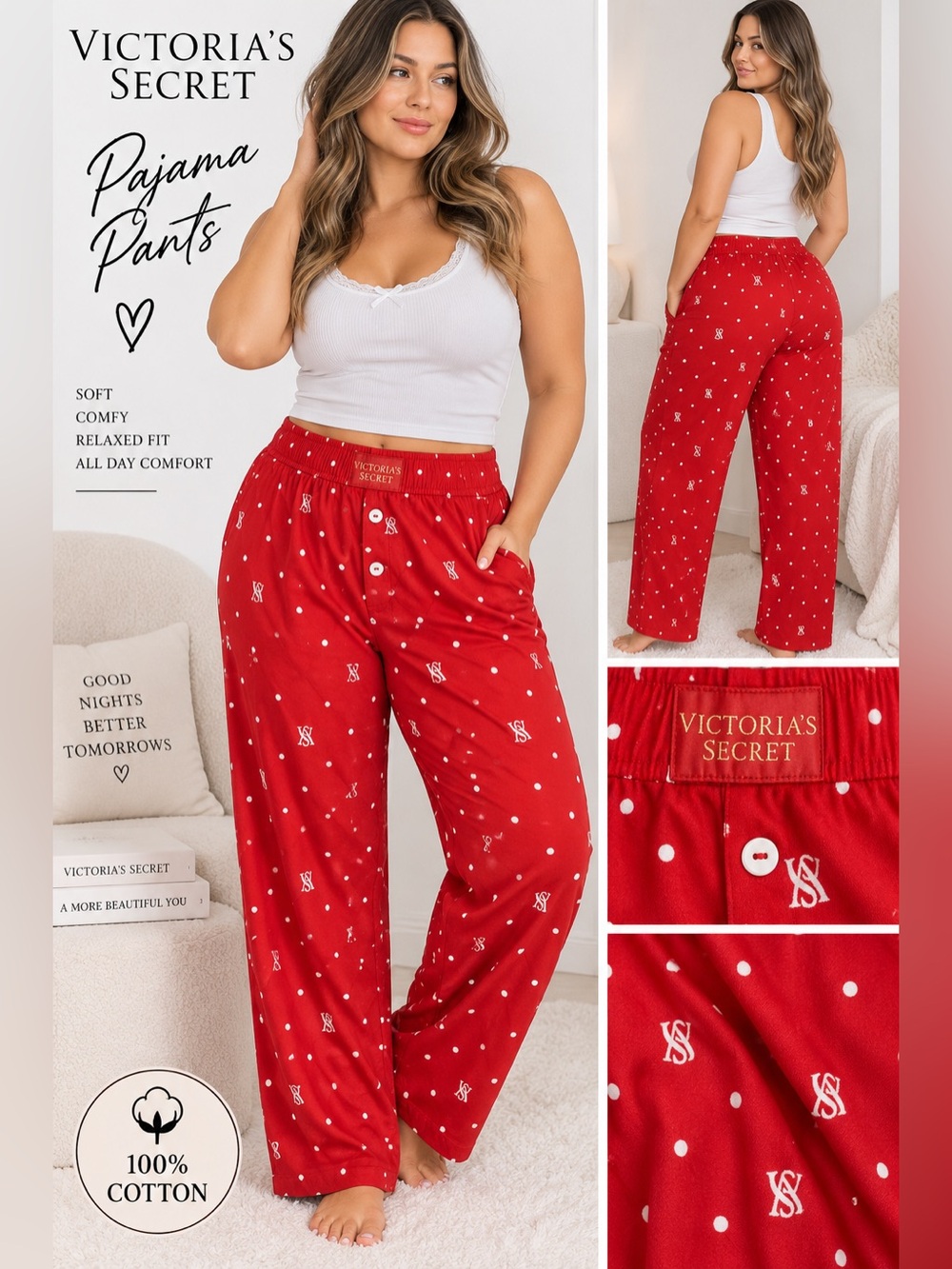 Victoria's Secret Red Polka Dot Cotton Pajama Pants Sz Xl NWT